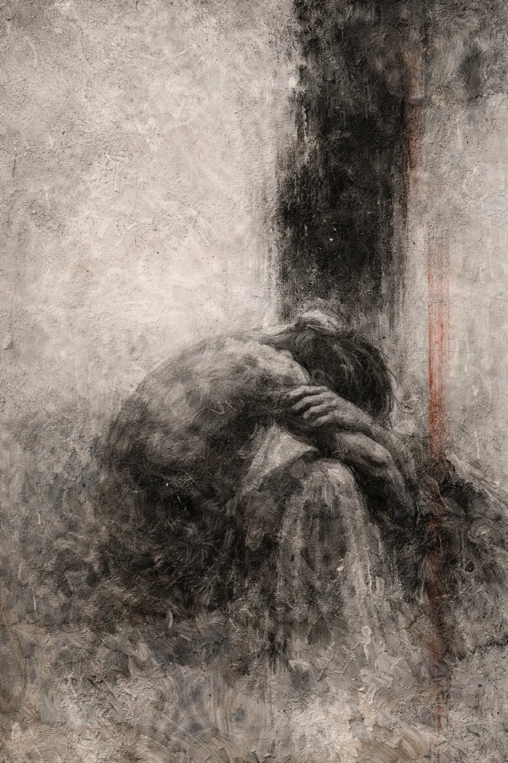 Still Here by Mattio – luxury contemporary figurative artwork portraying a solitary figure in atmospheric monochrome with layered textures and quiet emotional depth, exclusively presented by Landson Studios.