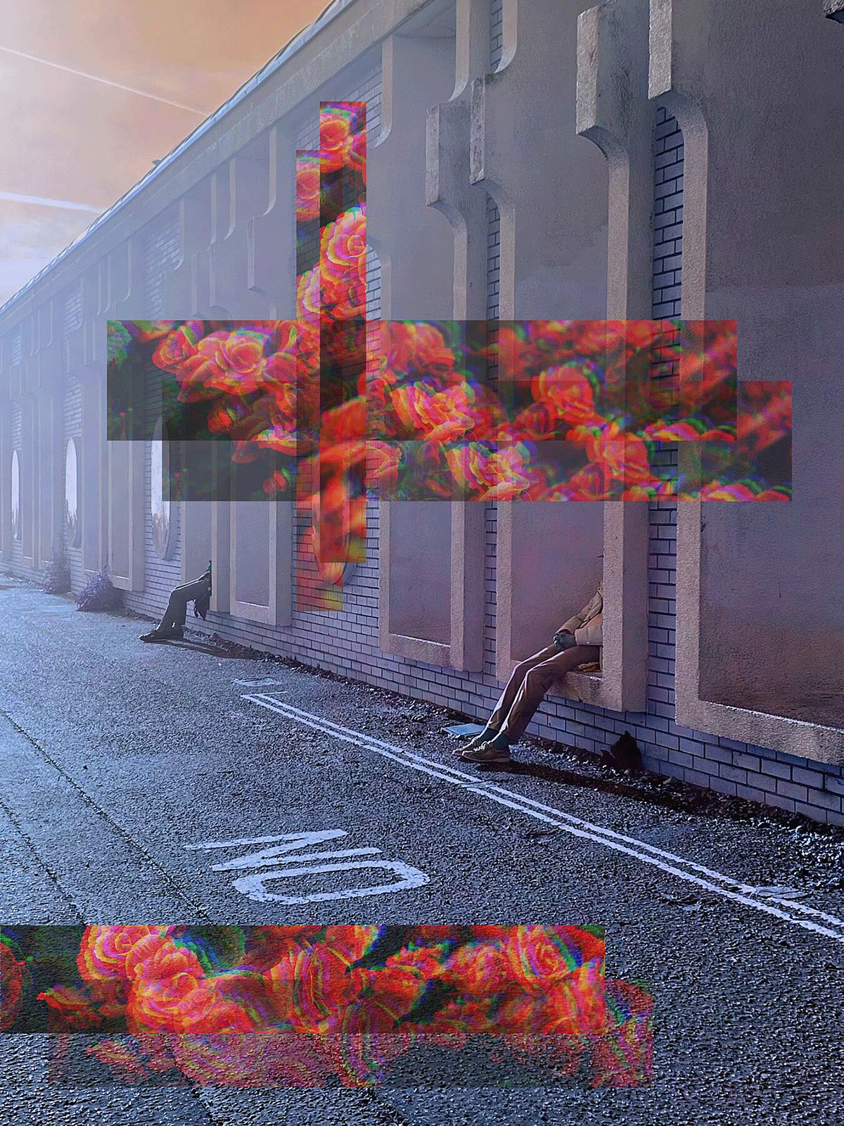 Demure Daydream by Rix, contemporary digital artwork featuring an urban street scene layered with abstract floral bands and subtle glitch distortion, curated by Landson Studio