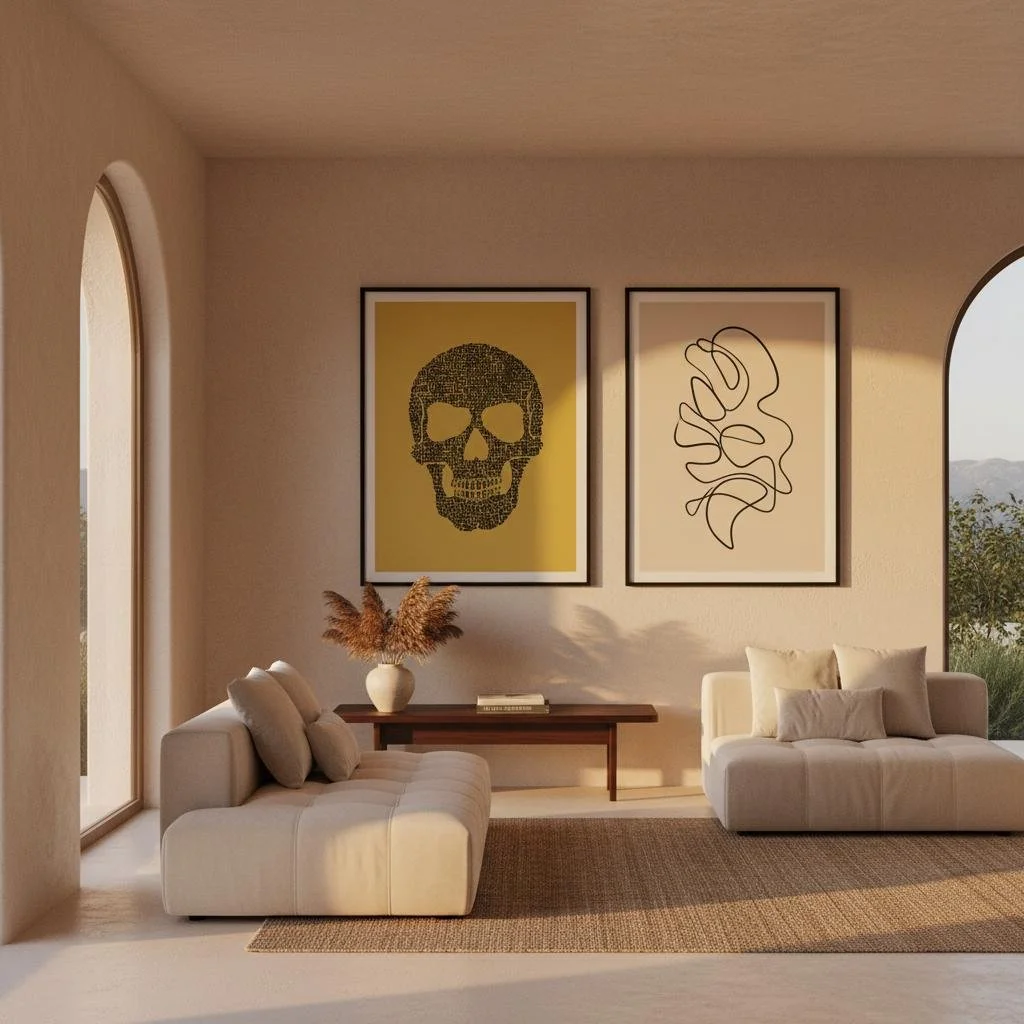 Framed skull artwork composed of intricate doodle-style markings, displayed on a warm beige wall in a desert-inspired modern living space with natural light, soft textures, and minimal styling.