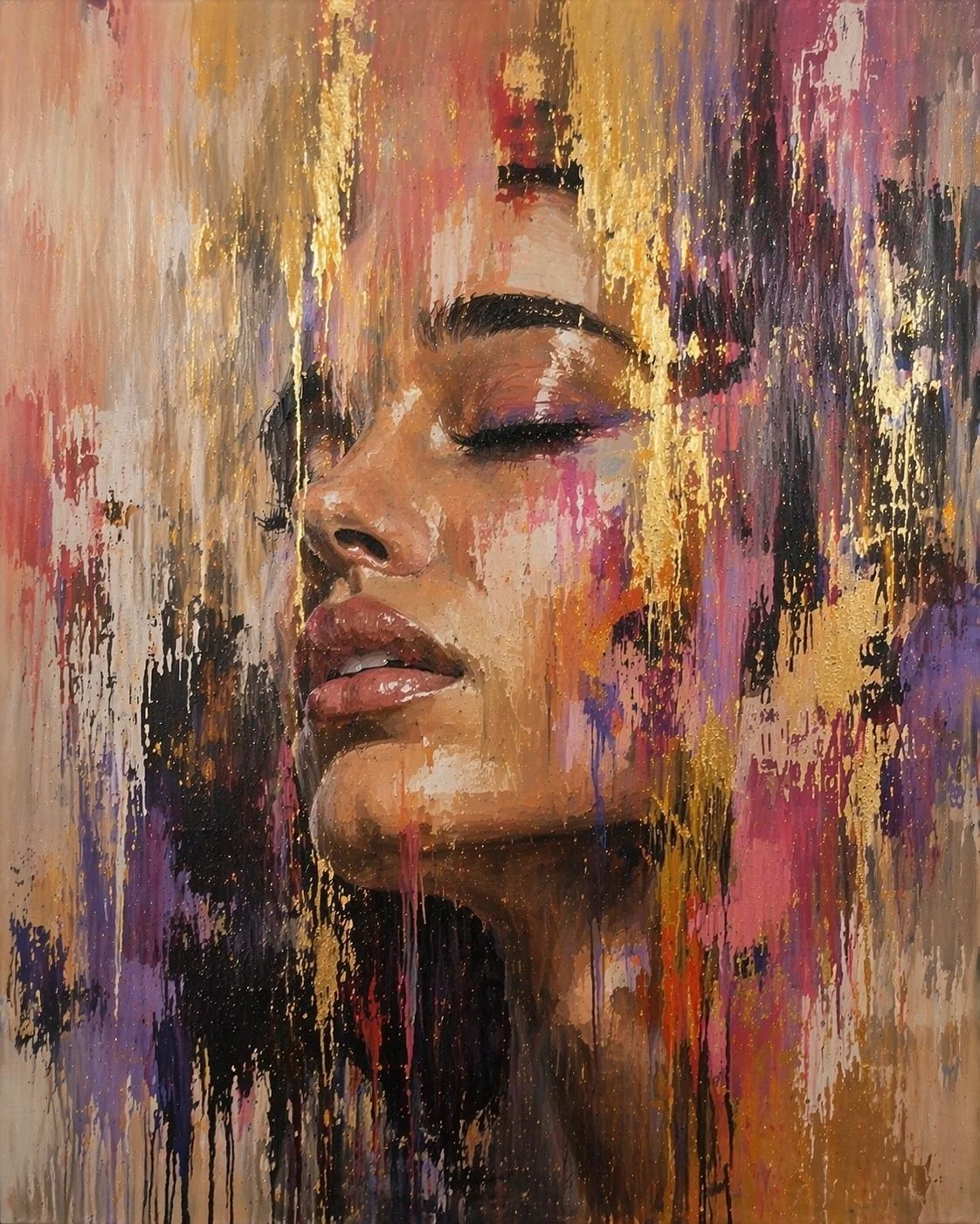 Fearless – Unmasked by Solara Stone – luxury contemporary portrait artwork with expressive abstract textures, soft blush tones and shimmering gold leaf details, exclusively presented by Landson Studios.
