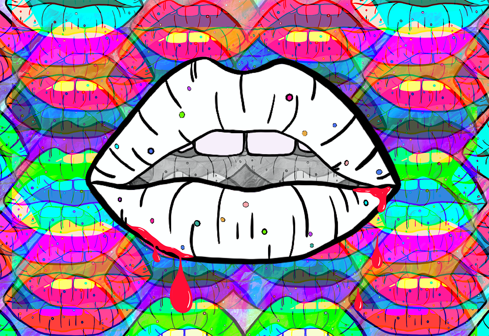 Lip Tease by Rix, limited edition giclée print showing repeated lip motifs in vivid pink and purple tones with clean graphic structure, by Landson Studios.