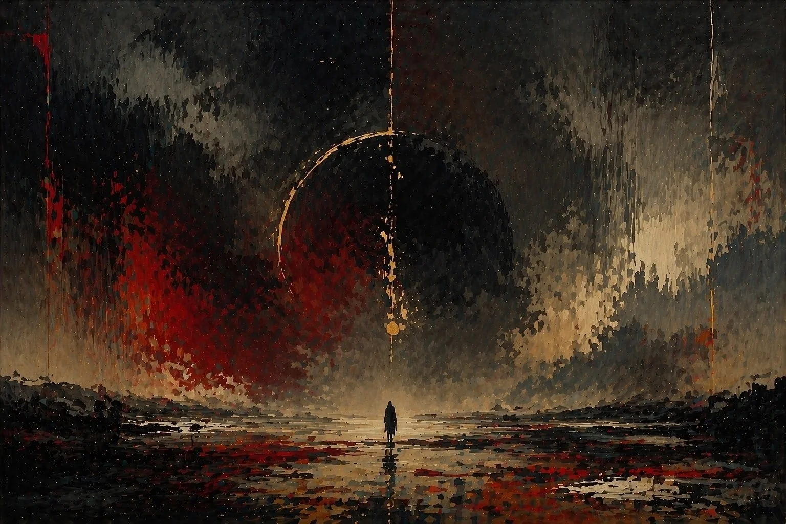 Into The Infinite I by Solara Stone – luxury contemporary abstract landscape portraying a solitary figure beneath a dramatic celestial horizon with rich textures and gold detailing, exclusively presented by Landson Studios.