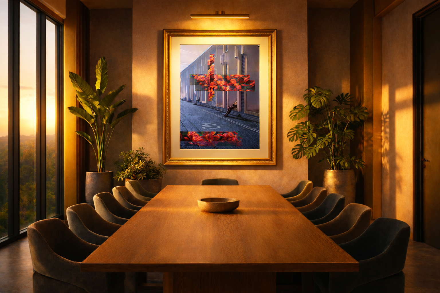Demure Daydream — elegant artwork bathed in golden hour light within a modern conference room. Soft, confident, and quietly powerful. Curated by Landson Studios.