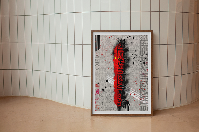 Luxury is Kind by Five46 framed and leaning against a wall, featuring abstract graffiti-style lettering with red, black, and grey splatter textures.
