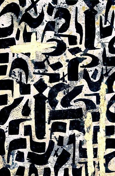 Original mixed media artwork titled “Ligraphy on Gold” by Five46, featuring bold black calligraphic forms layered over textured gold accents on acid-free paper.
