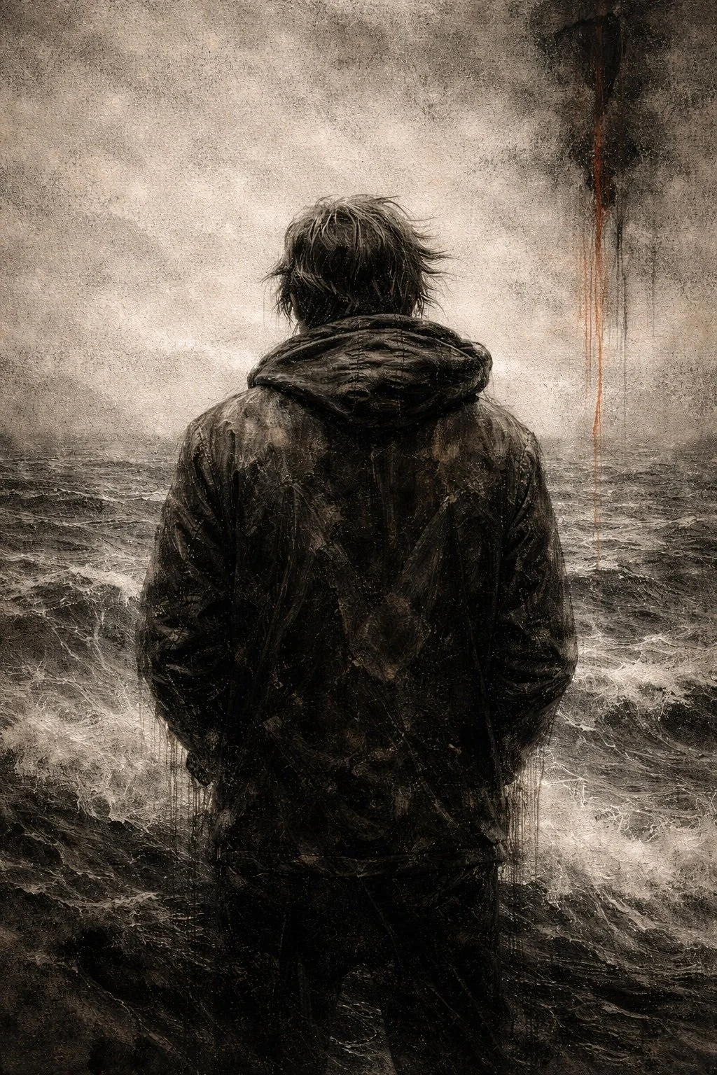 The Return by Mattio – luxury contemporary figurative artwork portraying a solitary figure on a quiet shoreline in muted monochrome tones with rich layered textures, exclusively presented by Landson Studios.