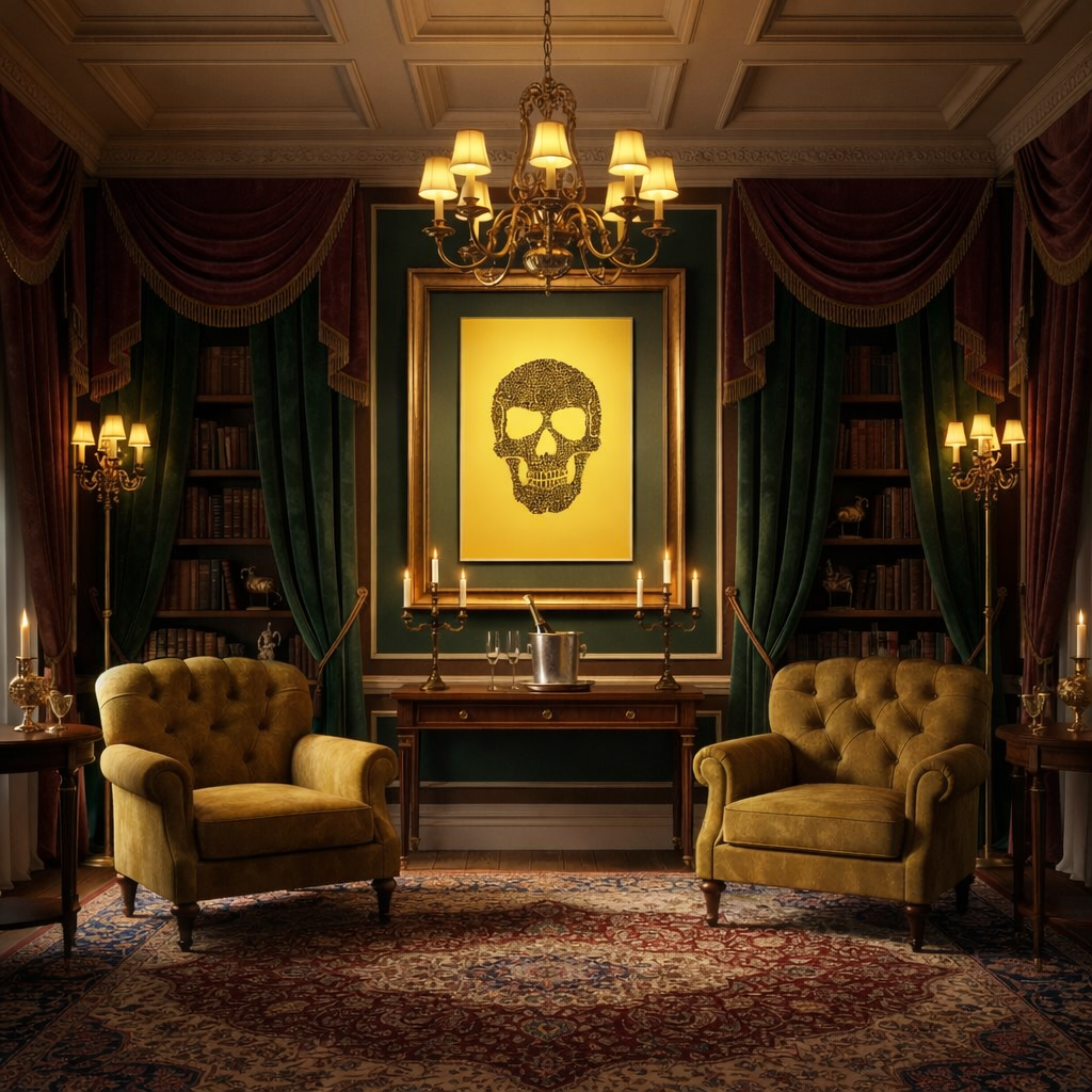 Doodle Skull — bold skull artwork displayed in an elegant library setting. Darkly refined, timeless, and quietly provocative. Curated by Landson Studios.