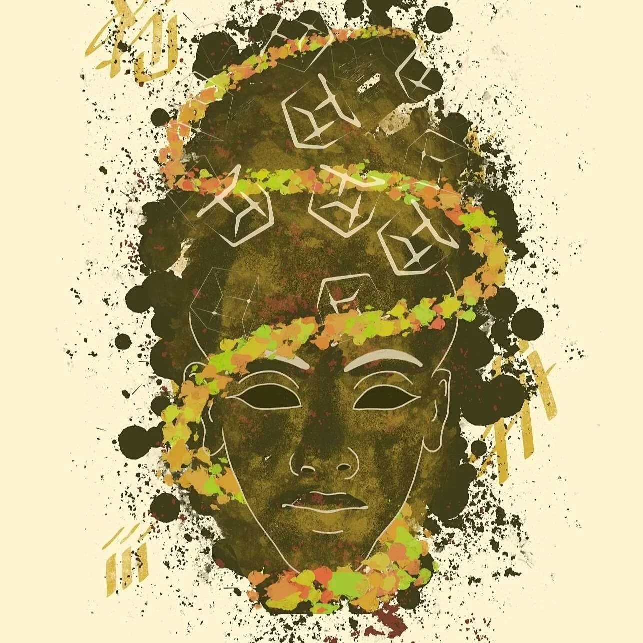 Headspin by Five46, contemporary pop art giclée print featuring a symbolic portrait with layered graphic elements suggesting motion and mental intensity, curated by Landson Studios.