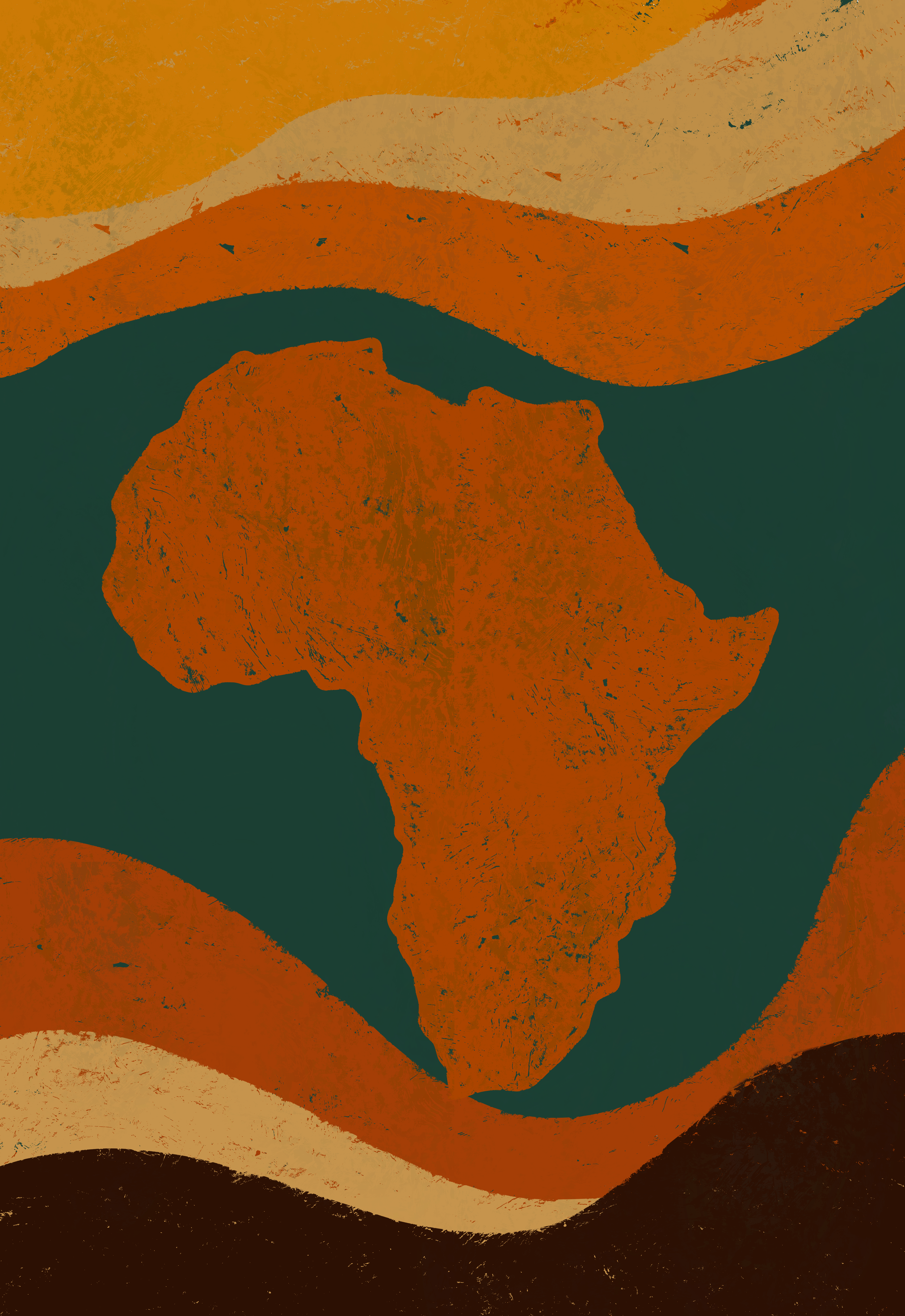 Abstract artwork with wavy lines and shapes in shades of orange, beige, dark green, and black.