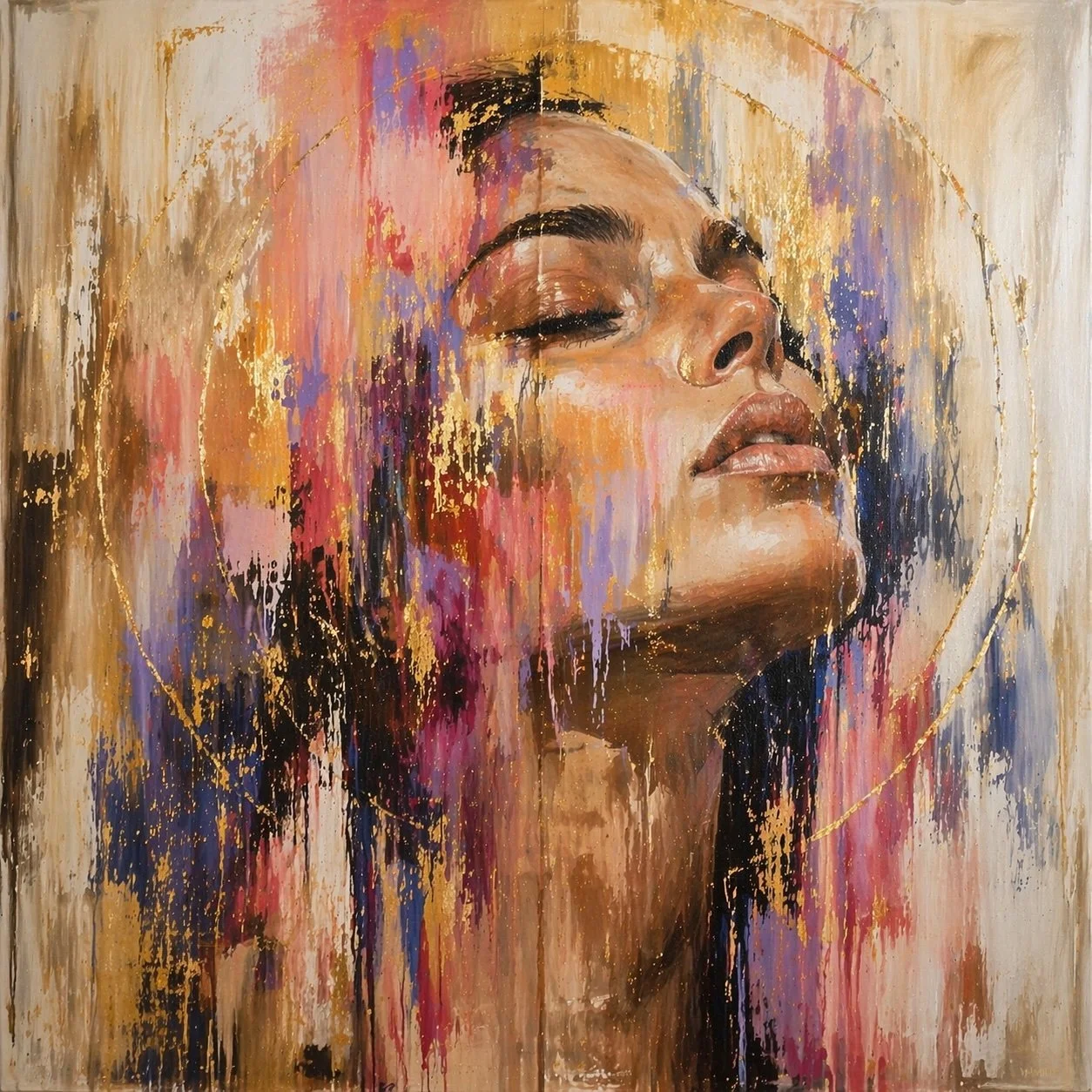 Fearless – Unbound by Solara Stone – luxury contemporary portrait artwork featuring flowing abstract textures, radiant gold detailing and a serene expression, exclusively presented by Landson Studios.
