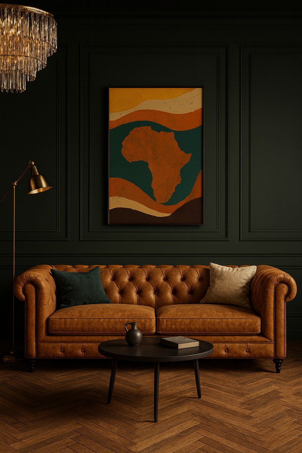 Alkebulan by Rix displayed in a modern luxury interior, limited edition artwork with rich earthy tones and cultural presence.