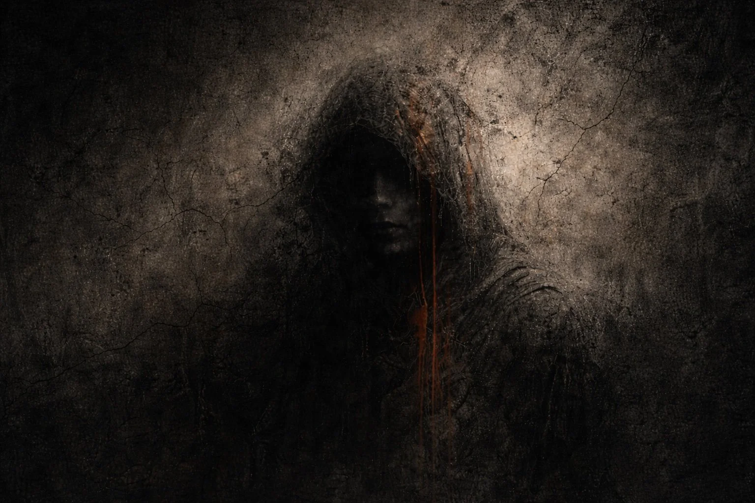 Anonymous – Fracture II by Mattio – atmospheric contemporary figurative artwork depicting a shadowed hooded figure emerging from darkness, layered with rich textures and subtle crimson accents, available through Landson Studios.