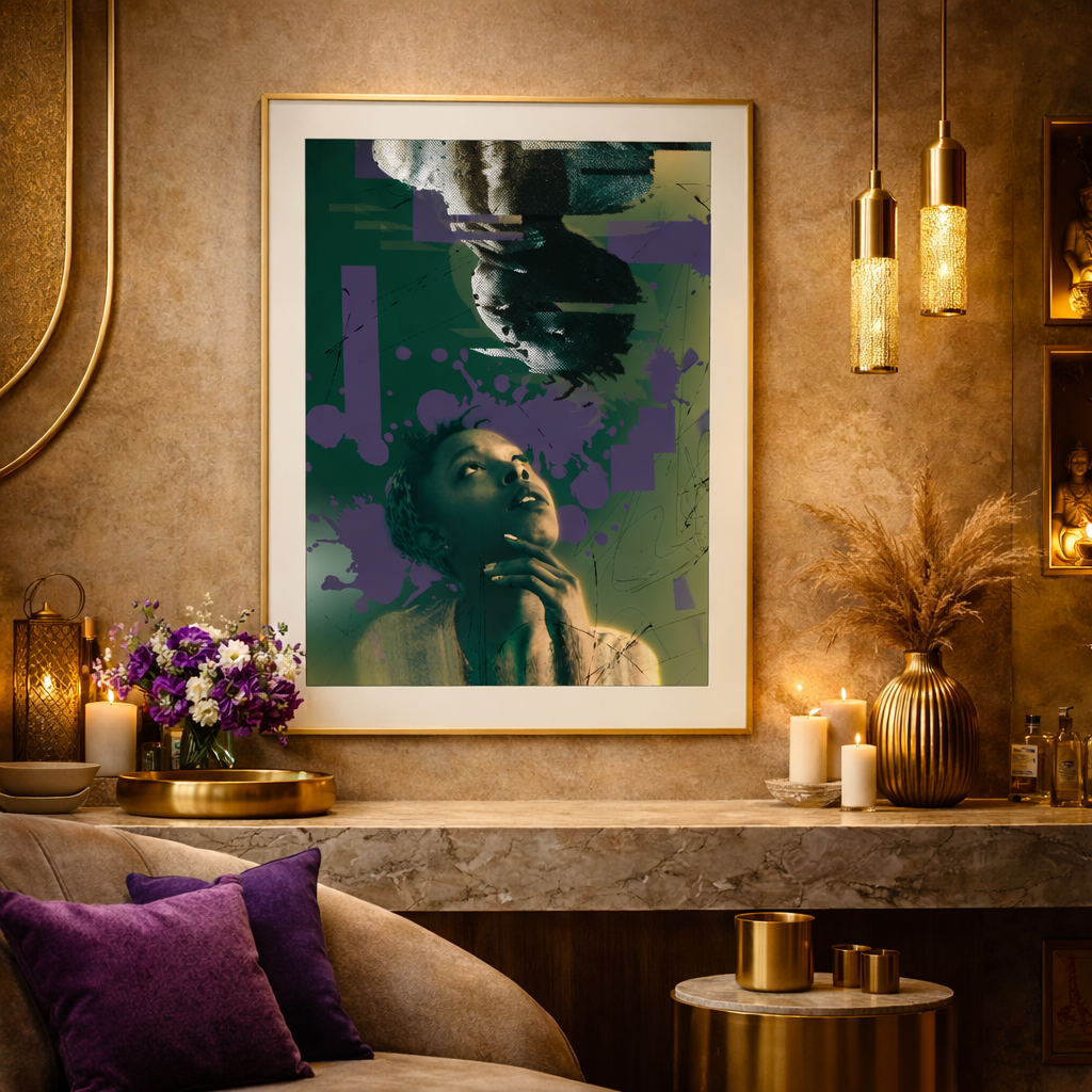 Contemporary digital art print depicting a reflective human silhouette surrounded by abstract colour fields and texture