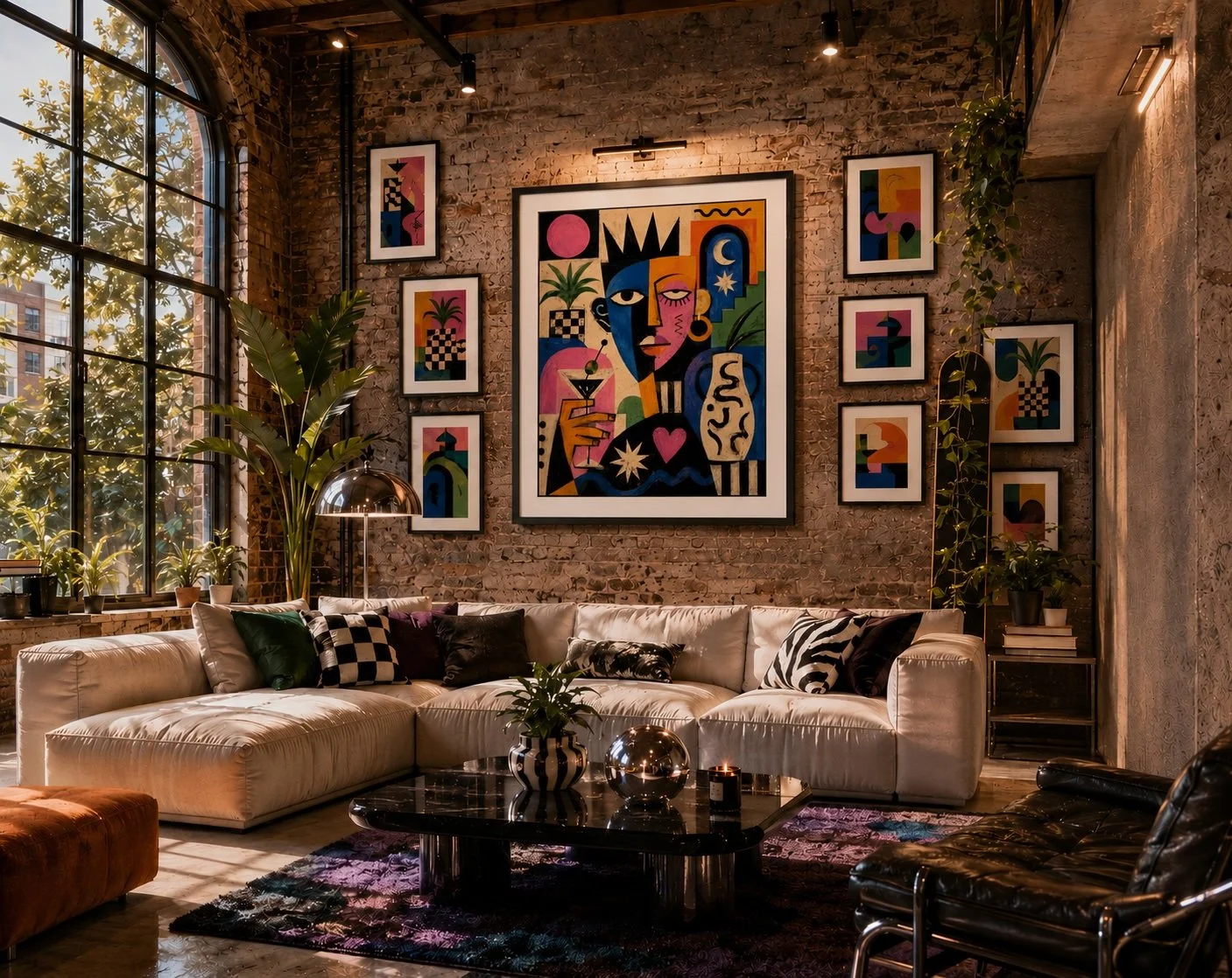 Lazy Night art print shown in a Modern industrial loft with vibrant art.jpg