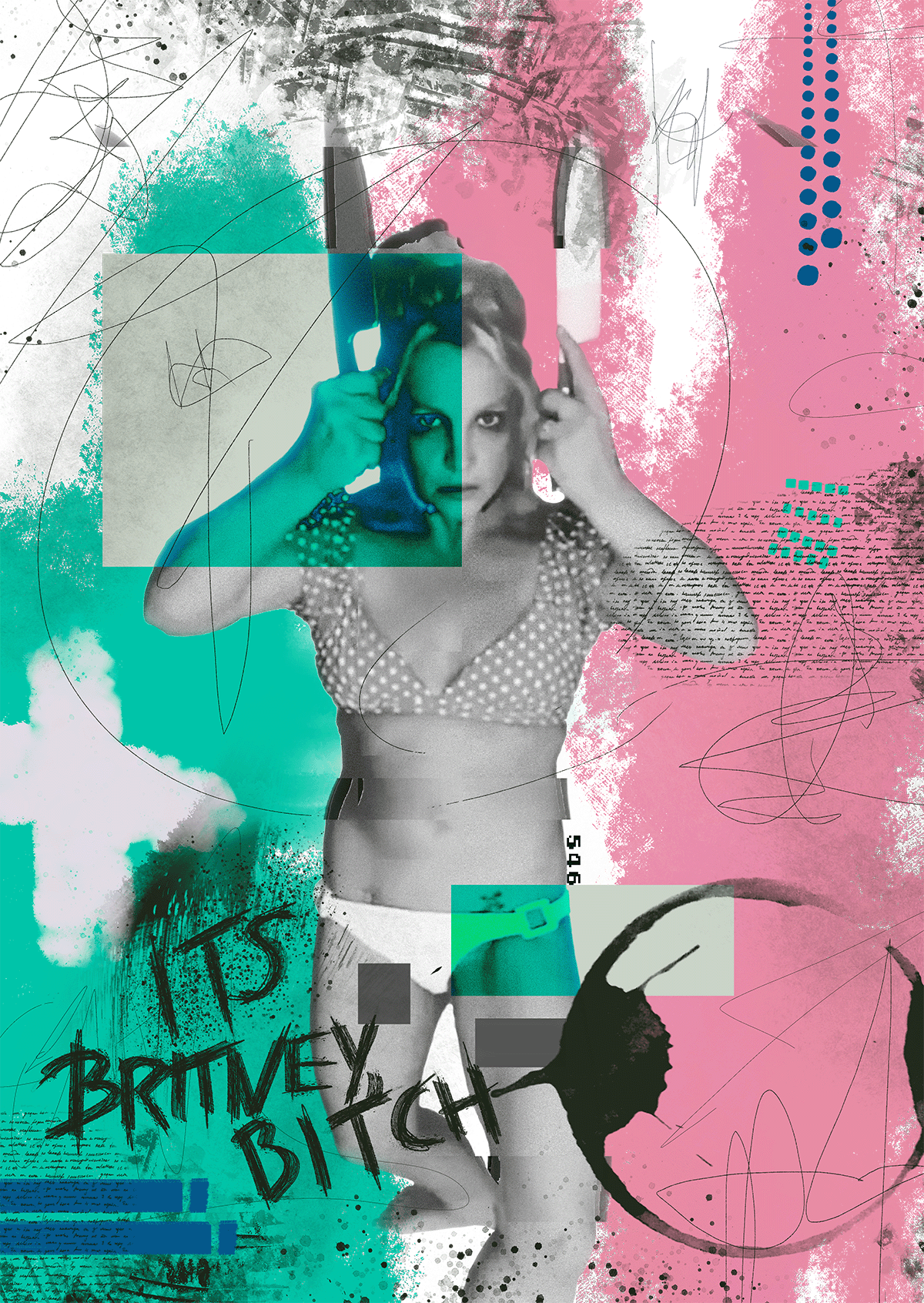 Pop art figure artwork by Five46 in pink and teal tones