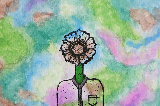 Original mixed media artwork featuring a surreal floral figure against a soft, multicoloured abstract background, contemporary figurative art.