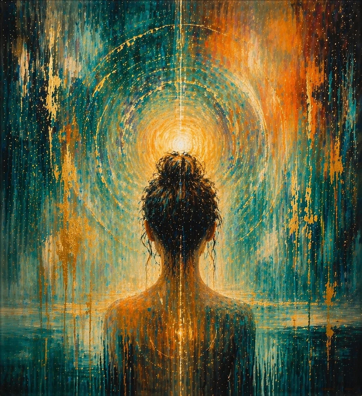 Auric Tide (II) – Halo by Solara Stone – luxury contemporary figurative artwork depicting a luminous figure beneath radiant concentric light, enriched with teal, gold and expressive textures, exclusively presented by Landson Studios.