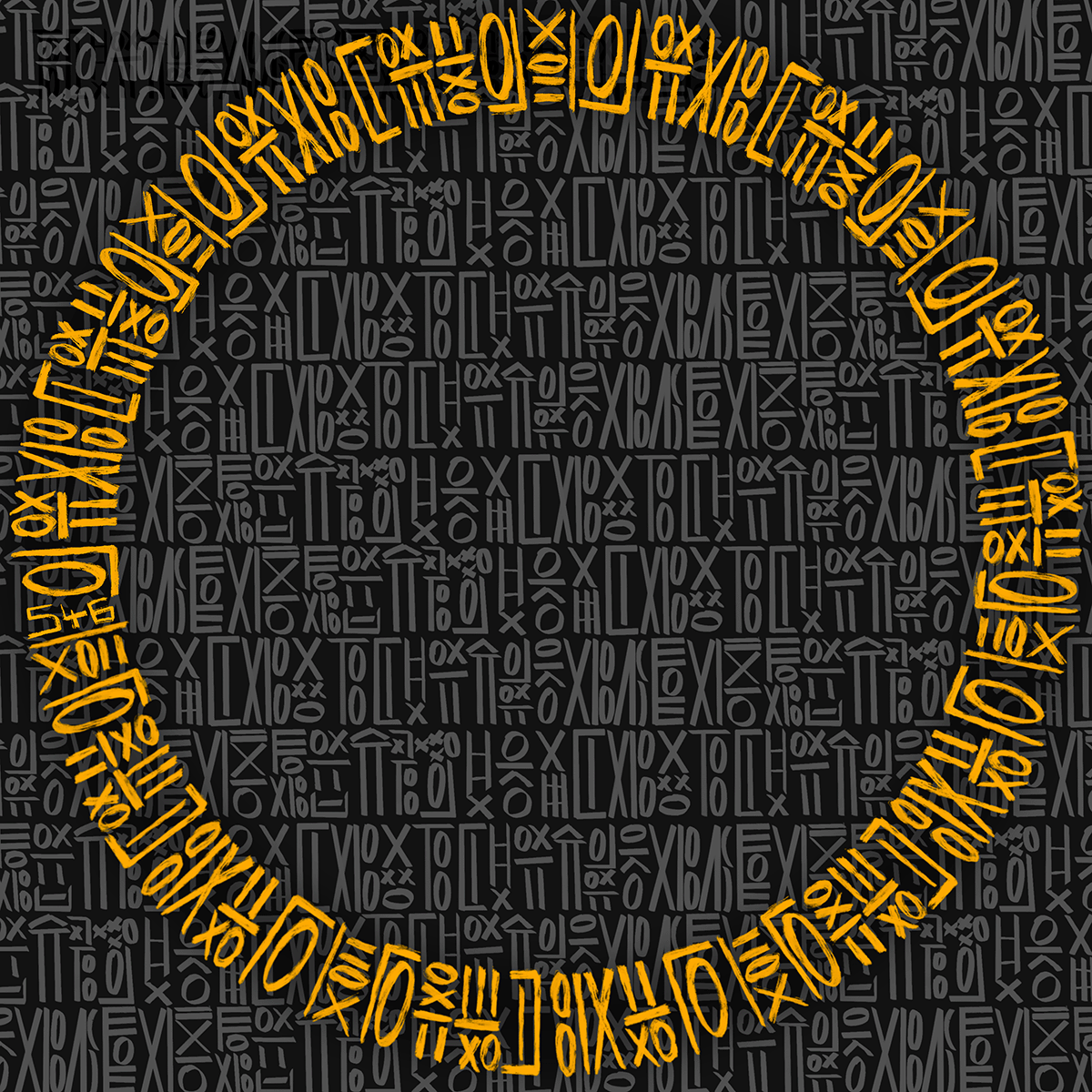 Insomnia by Five46, modern graphic art print showing a bold yellow symbolic circle layered over dense monochrome typographic markings, by Landson Studios.