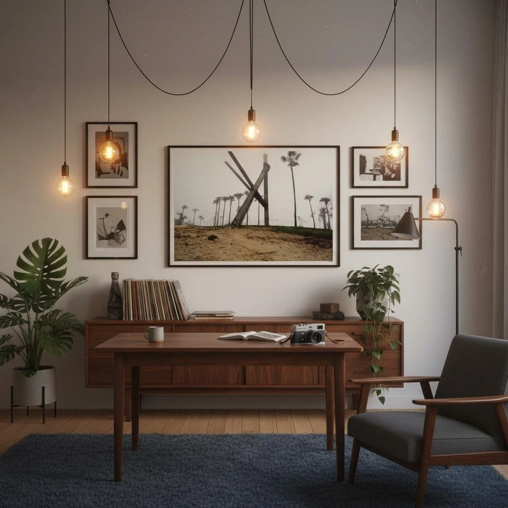 LA Dreams photography print by Dakota capturing foggy Venice Beach with palm trees and architectural sculpture, limited edition wall art