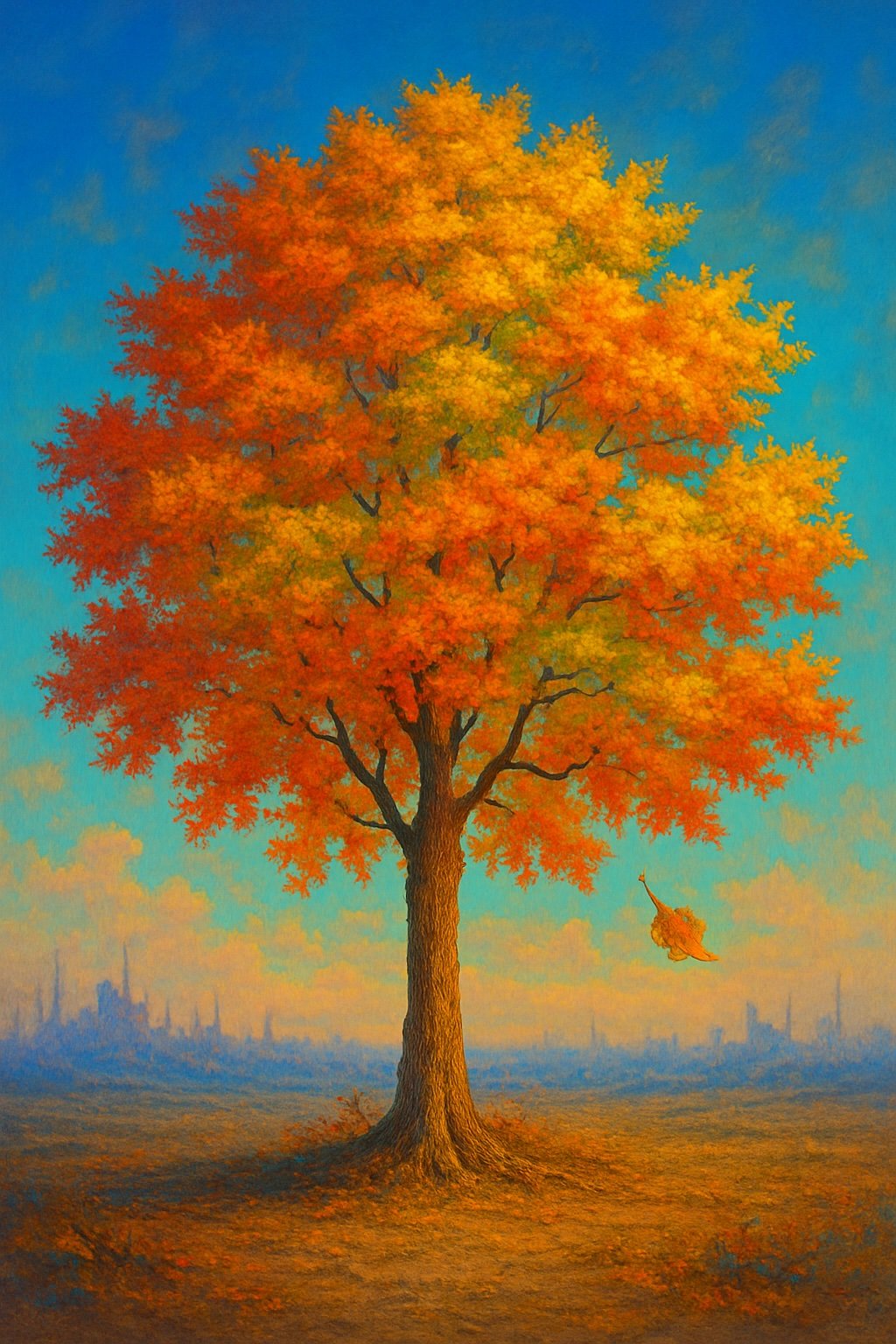 First to Fall by Ari Null – contemporary landscape artwork depicting a vibrant autumn tree against a clear blue sky, celebrating seasonal colour through a refined minimalist composition, presented by Landson Studios.