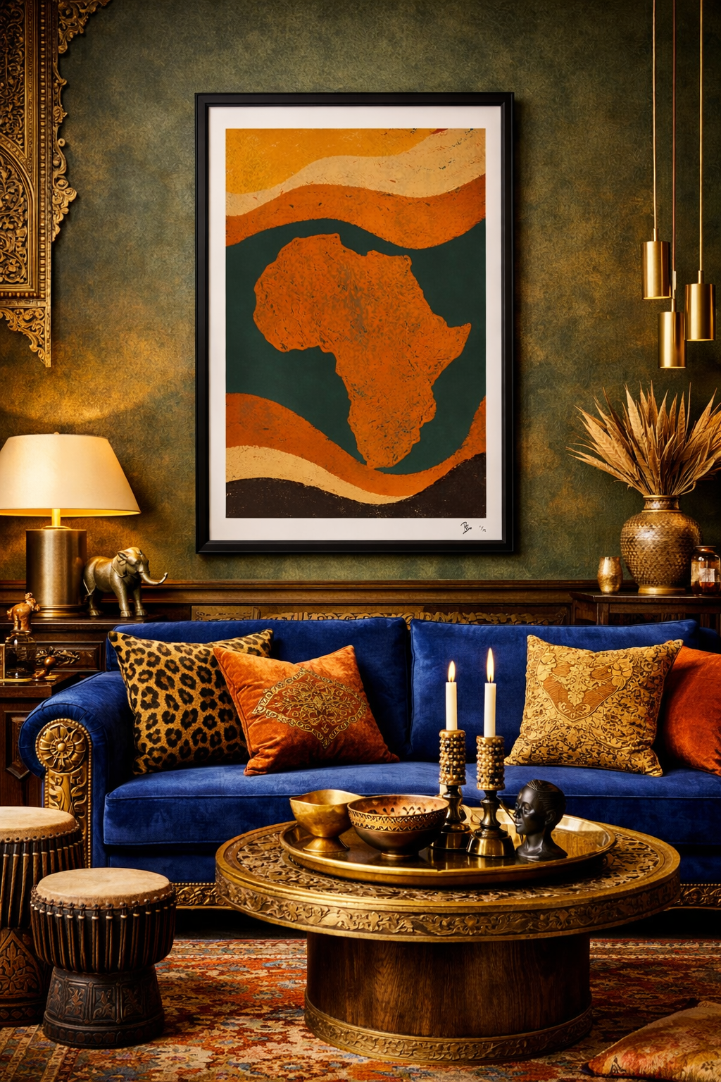 Alkebulan by Rix displayed in a modern luxury interior, limited edition artwork with rich earthy tones and cultural presence.