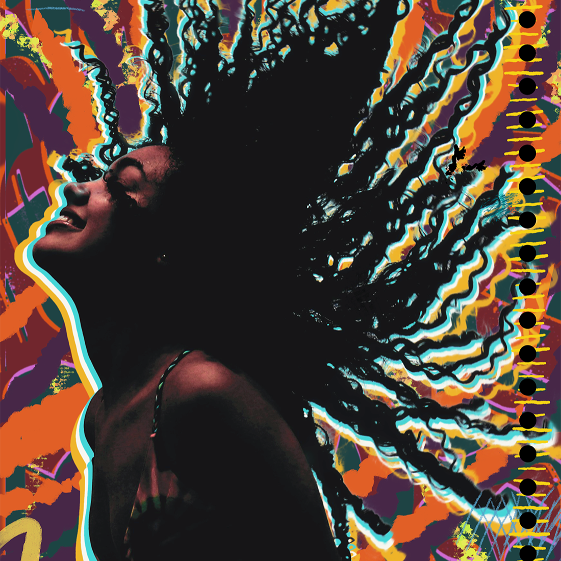 Whip That Sh*t by Rix, expressive digital artwork depicting a female figure with motion-driven braids surrounded by energetic abstract mark-making and colour contrasts, curated by Landson Studios.
