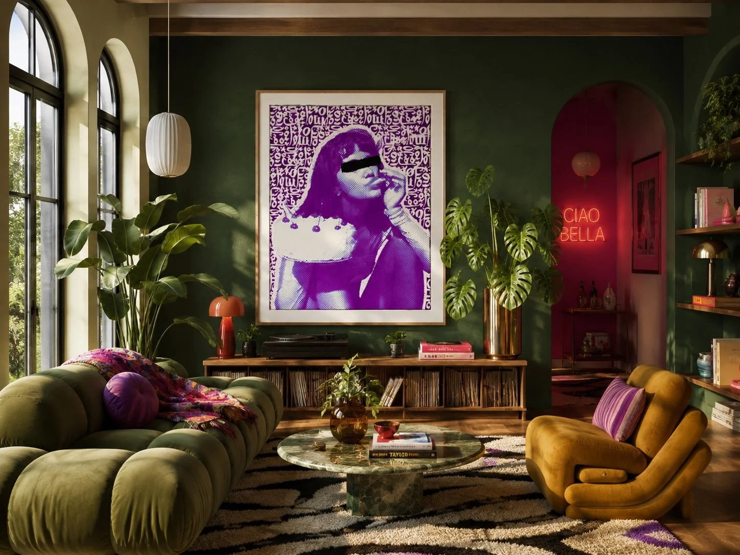 Contemporary purple portrait artwork displayed in a premium white frame within a richly styled luxury living room interior.