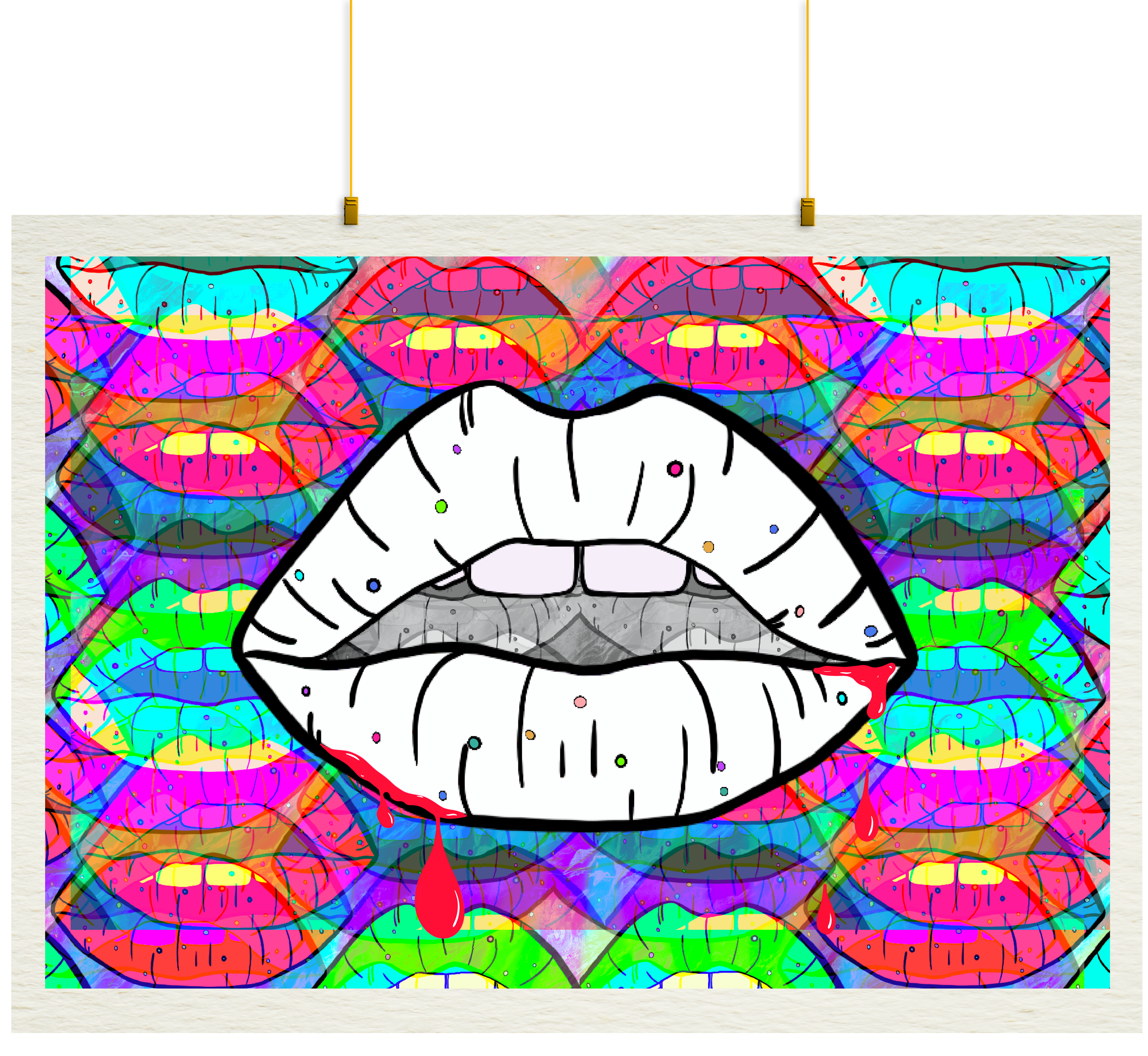 Pop art lips wall art featuring bold colours and street art textures, contemporary artwork for modern and creative interiors.