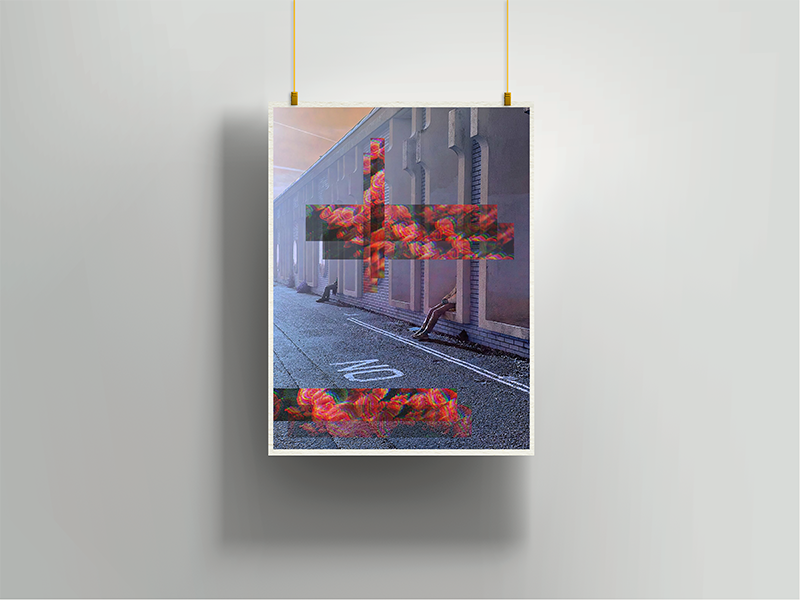 Demure Daydream by Rix, modern digital art print combining muted city architecture with vivid fragmented florals and chromatic overlays, presented by Landson Studio