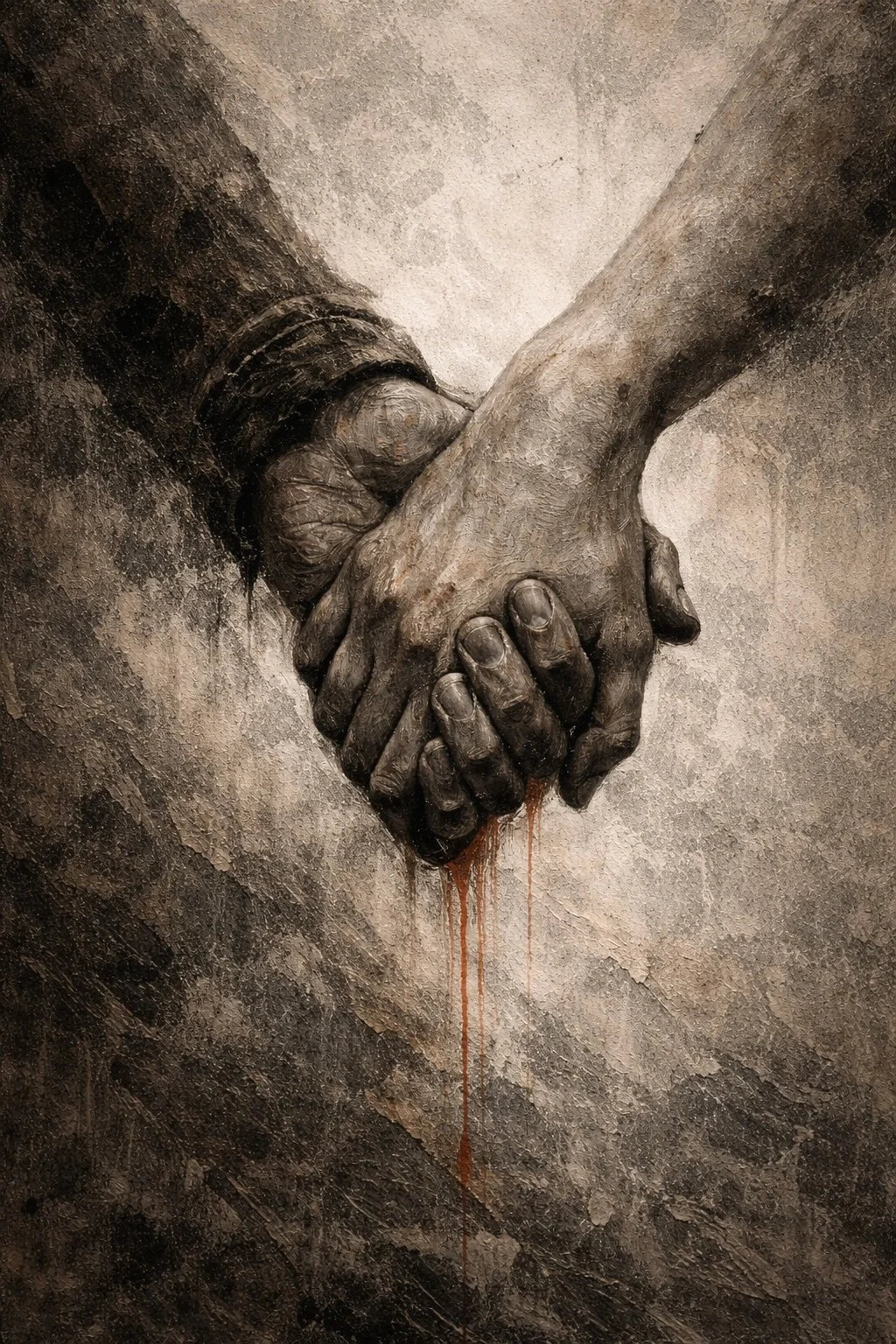 Hold On by Mattio – expressive figurative artwork depicting two hands clasped together, symbolising strength, connection and resilience through rich monochrome textures, presented by Landson Studios.
