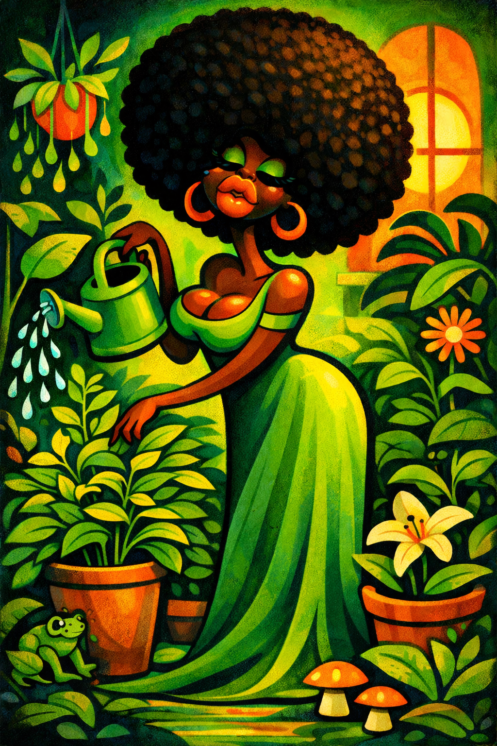 A vibrant illustration of a woman with big curly hair watering plants inside a sunlit room. She wears a green dress and hoop earrings, surrounded by lush greenery, flowers, mushrooms, a frog, and a watering can.