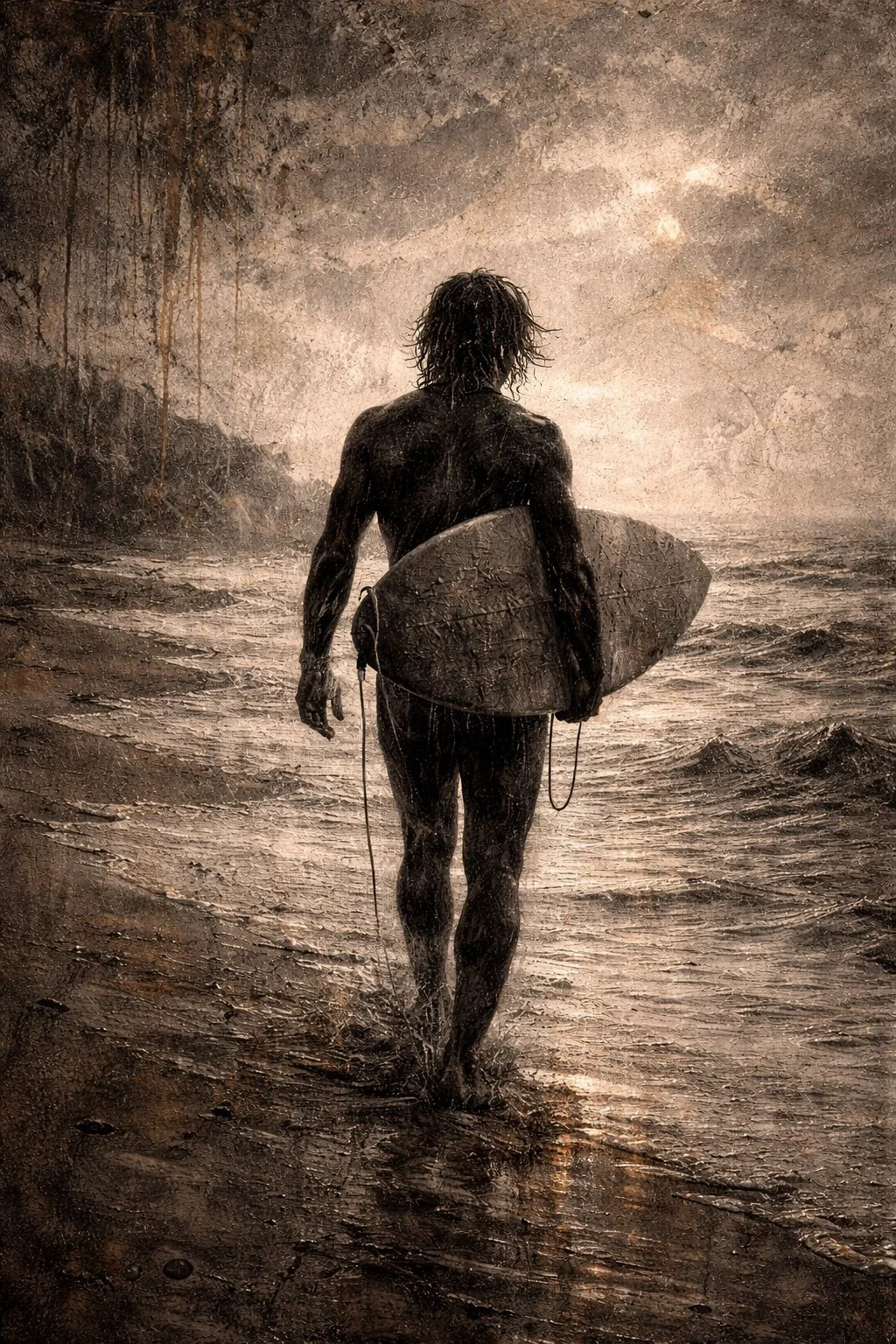 Back To The Sea by Mattio – luxury contemporary figurative artwork depicting a lone surfer walking towards the ocean in richly textured muted tones, exclusively presented by Landson Studios.