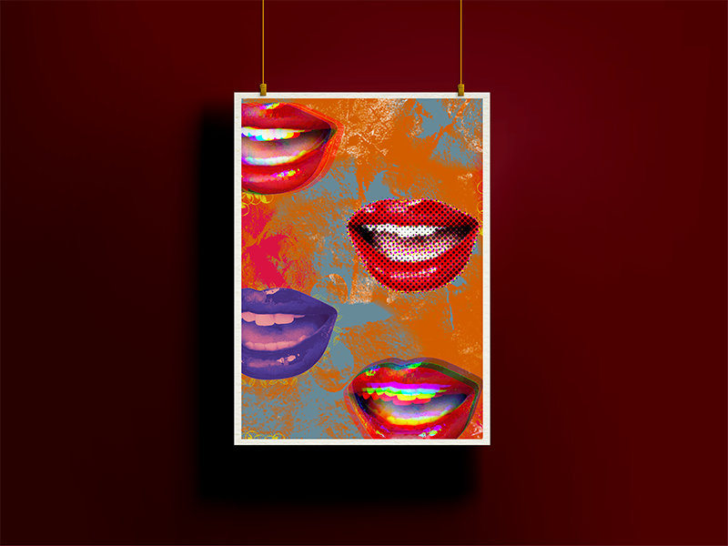 SIC by Rix, modern digital art print showing expressive lips layered with pop-art colour effects and textured abstract forms, by Landson Studios.