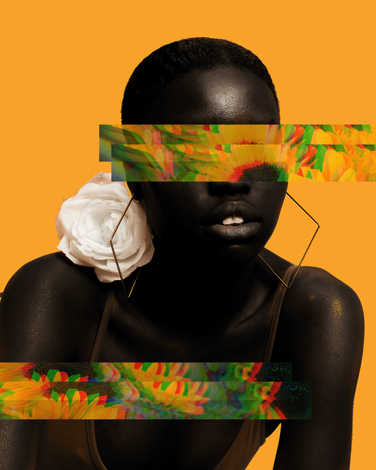 Velvet Sun by Rix, contemporary portrait artwork combining rich skin tones, bold colour fields, and floral digital distortion across the composition, curated by Landson Studios