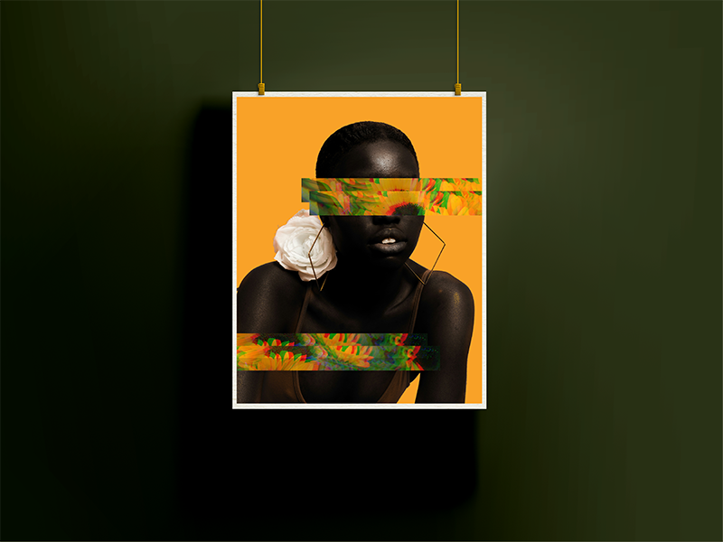 Velvet Sun by Rix, modern digital art print showing a dark-toned portrait with geometric earrings, a white flower accent, and layered sunflower glitch effects, by Landson Studios