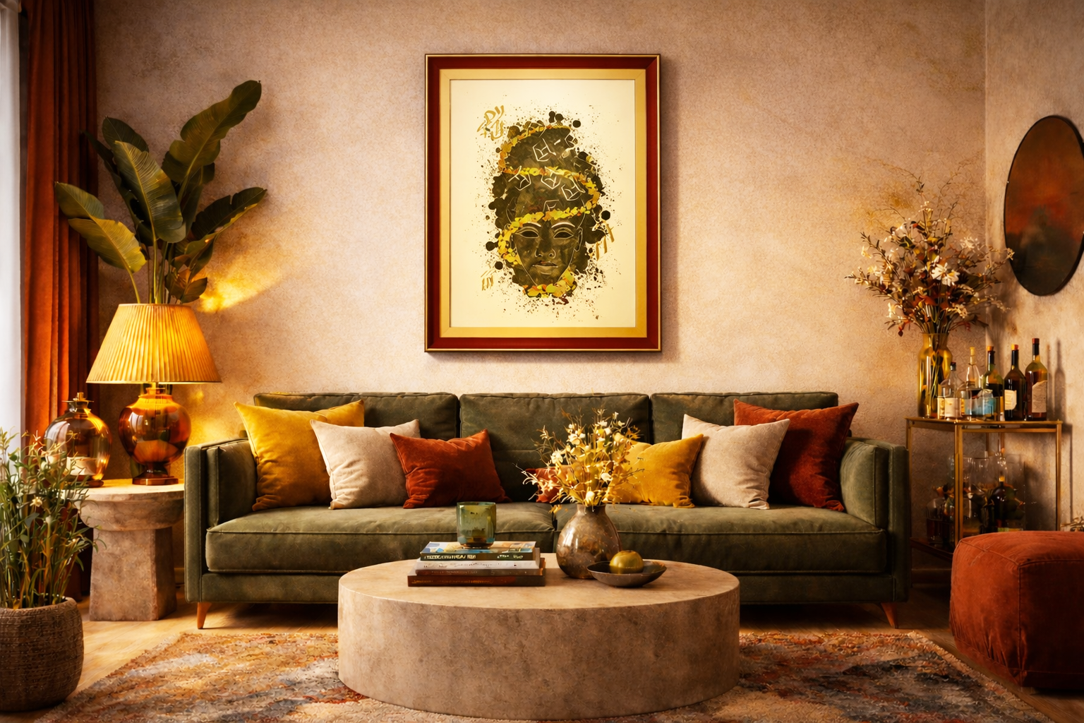 Headspin by Five46, vibrant African-inspired artwork displayed in a warm modern living room interior, curated by Landson Studios.
