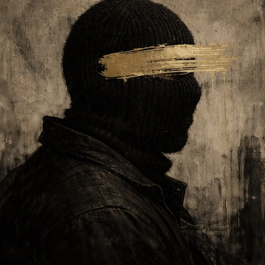 Worth More Unknown by Mattio – contemporary figurative artwork portraying a hooded figure with a striking gold brushstroke across the eyes, exploring identity, anonymity and hidden value, presented by Landson Studios.