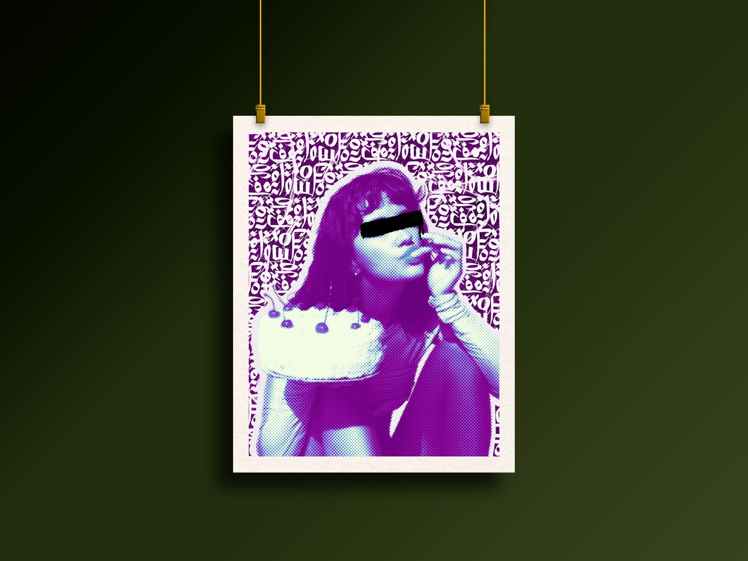 Purple contemporary portrait artwork presented in a premium white frame with dramatic gallery lighting against a dark green wall.