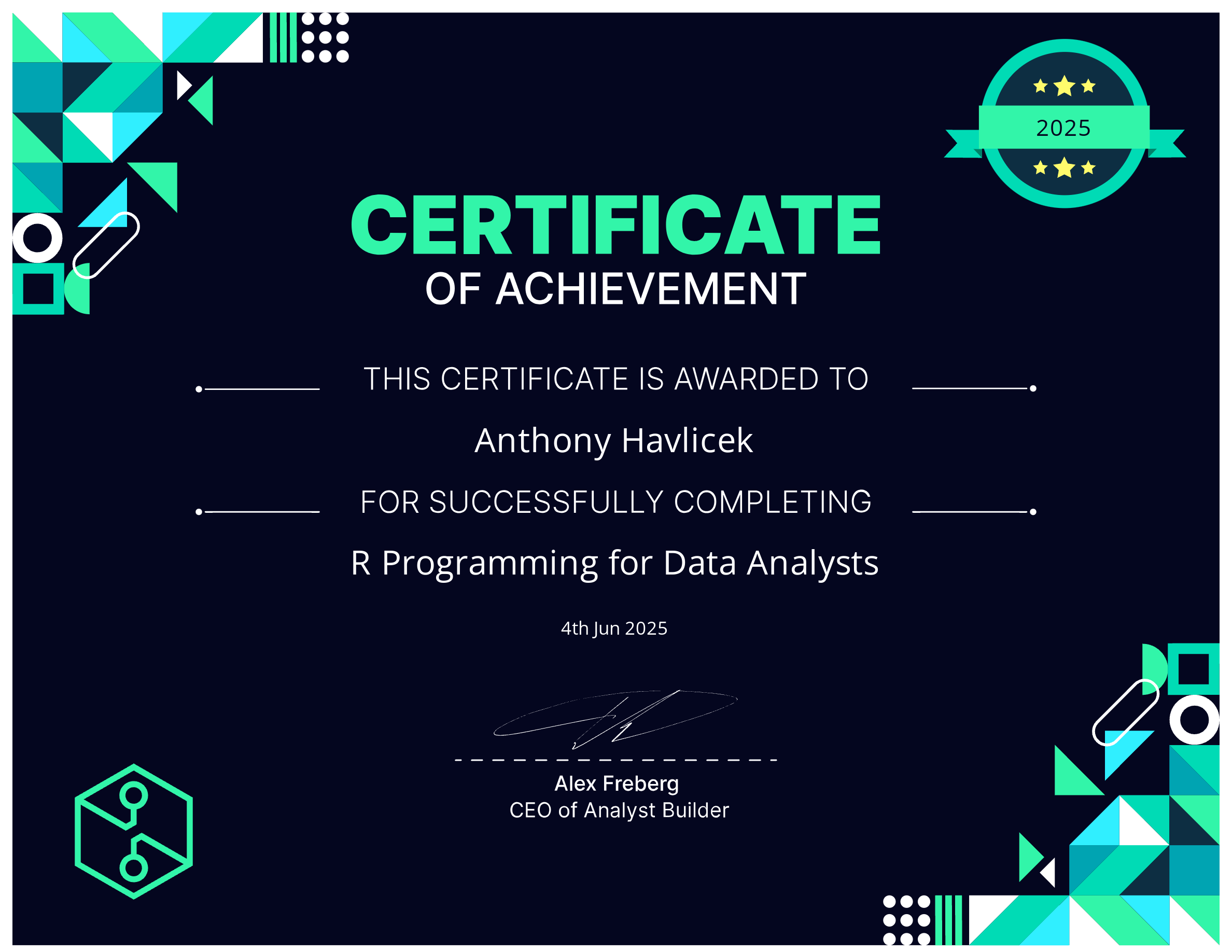 Anthony Havlicek - R Programming for Data Analysts Certificate.png