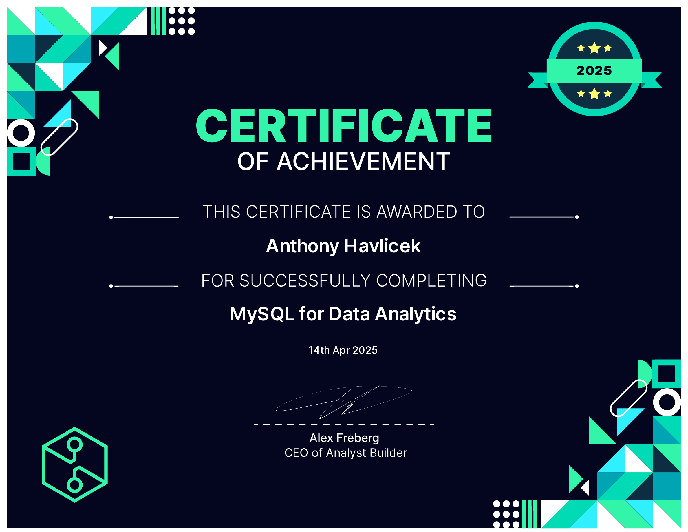 Anthony Havlicek - MySQL for Data Analytics Certificate.png