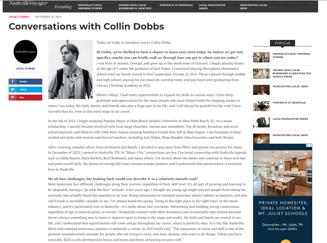 Screen capture of drummer Collin Dobbs featured in Nashville Voyager Magazine article.