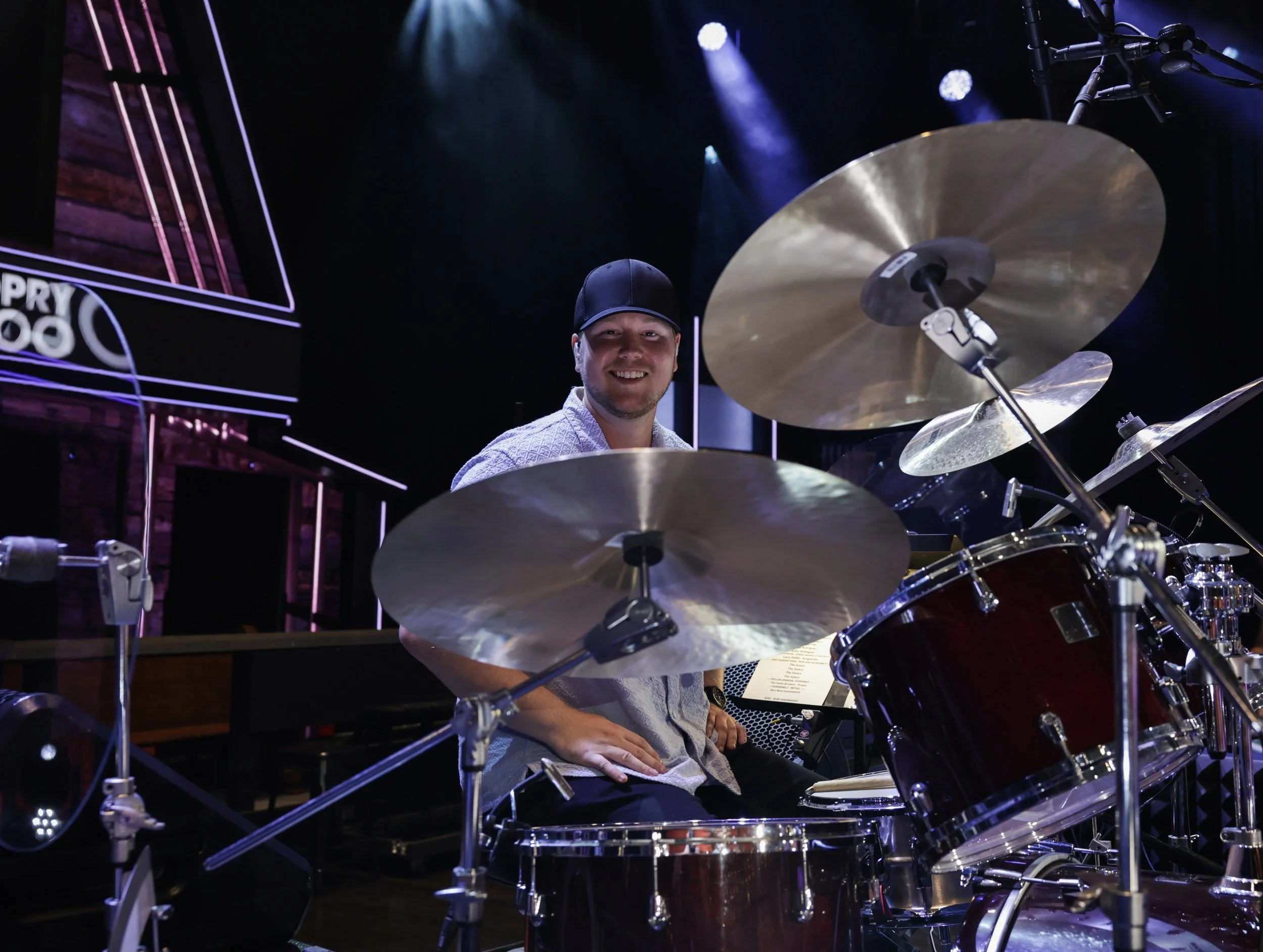 Nashville drummer Collin Dobbs performing live at the Grand Ole Opry on the house drum kit.