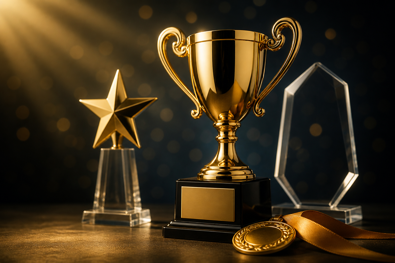 A collection of awards including a gold trophy, a star-shaped trophy, a hexagonal glass award, and a gold medal with a ribbon, displayed on a dark surface with bokeh lights in the background.