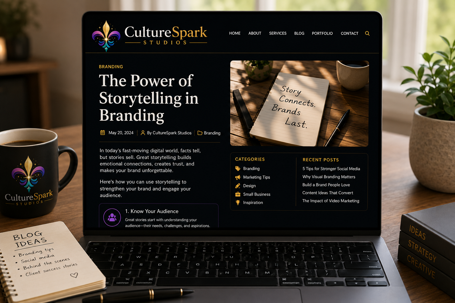 A laptop on a wooden desk displaying a website titled "The Power of Storytelling in Branding" from CultureSpark Studios, with office decor including a coffee mug with the logo, a notebook, and a book titled "Ideas Strategy Creative."
