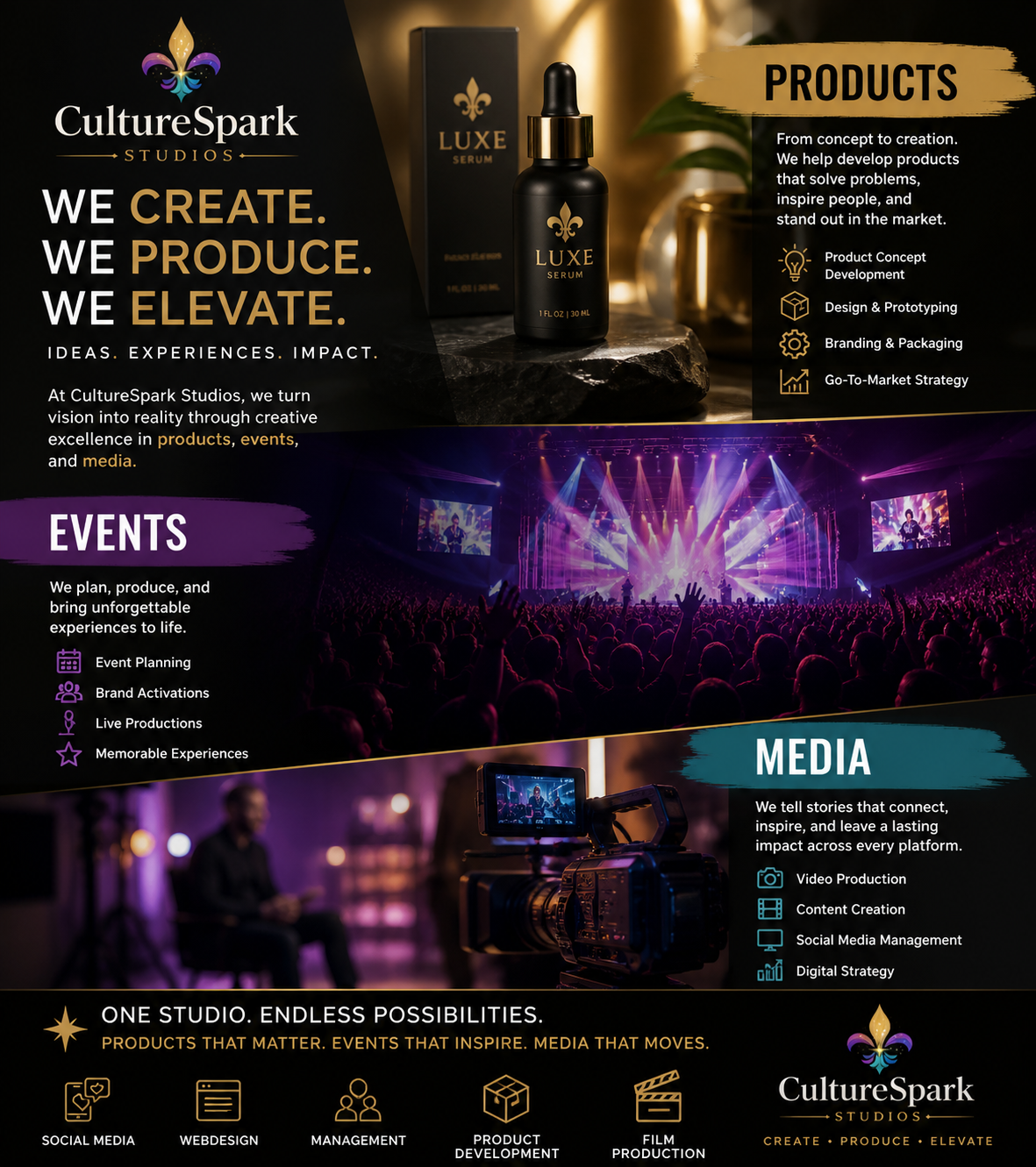 A promotional infographic for CultureSpark Studios showcasing their services. It highlights their focus on creating, producing, and elevating products, events, and media. The image features a product bottle labeled 'Luxe Serum,' a concert scene, video camera equipment, and text describing their services in product development, event planning, and media production, with icons and a dark background.
