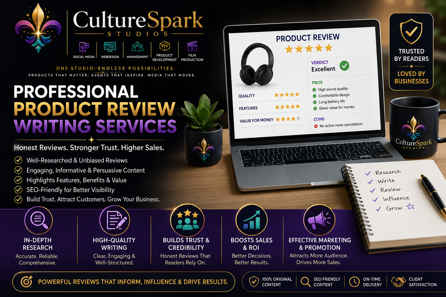 An advertisement for Culture Spark Studios promoting professional product review writing services, featuring icons, text, a laptop displaying a product review, a notepad with checkmarks, a plant, and branded mug.