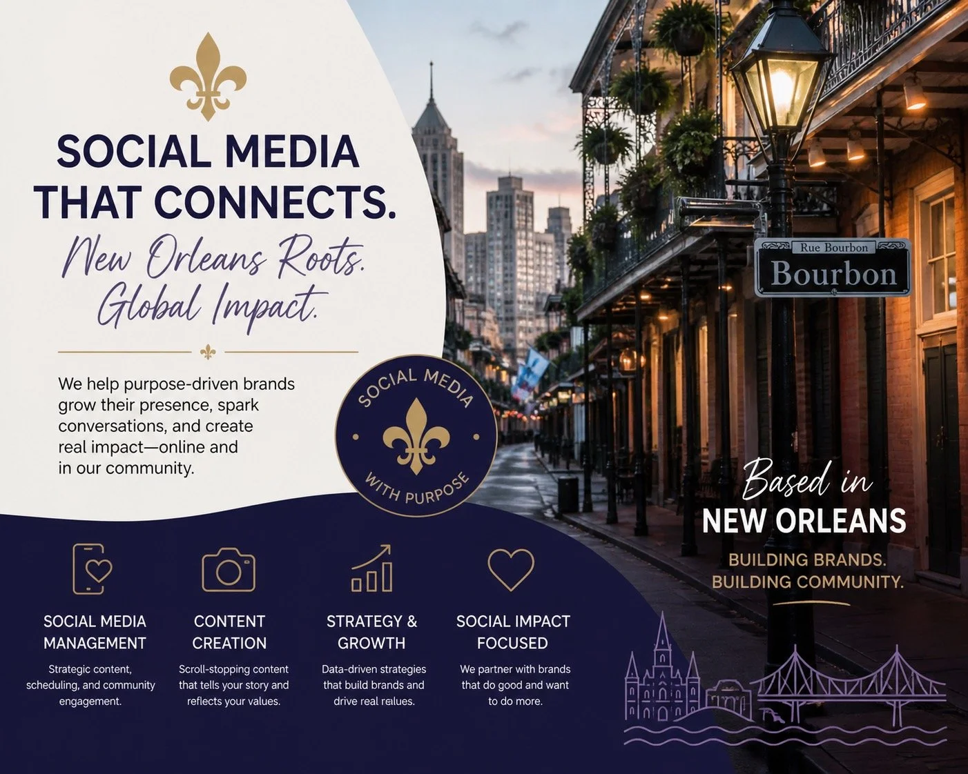 A promotional image for a social media marketing company based in New Orleans. It features a city street scene with historic buildings, a street sign for Rue Bourbon, and a lamppost. The left side contains text promoting social media services, including management, content creation, strategy, and community focus, with a fleur-de-lis symbol and a badge reading 'Social Media with Purpose.' The text emphasizes connecting New Orleans roots with global impact.