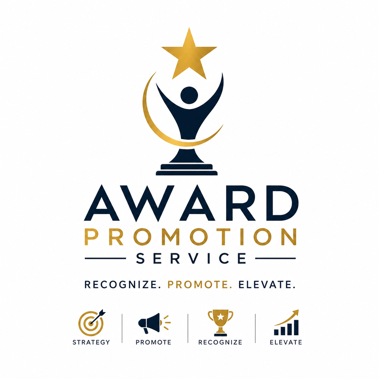 A promotional graphic featuring a trophy with a human figure reaching for a star at the top. The words 'Award Promotion Service' are prominently displayed, with the tagline 'Recognize. Promote. Elevate.' Below are icons representing strategy, promotion, recognition, and elevation.