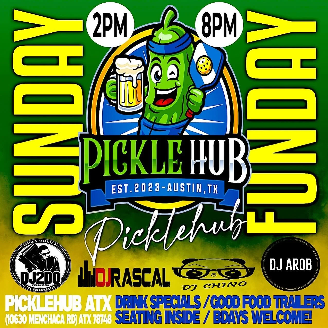 Sunday funday is best at the Picklehub!! three different DJs starting at 2 PM. Dj 2DQ headlining.  Great beer bucket specials going until 8 PM on Sunday. Come enjoy all types of music. The best looking bartenders on Sunday fun days at the Picklehub c