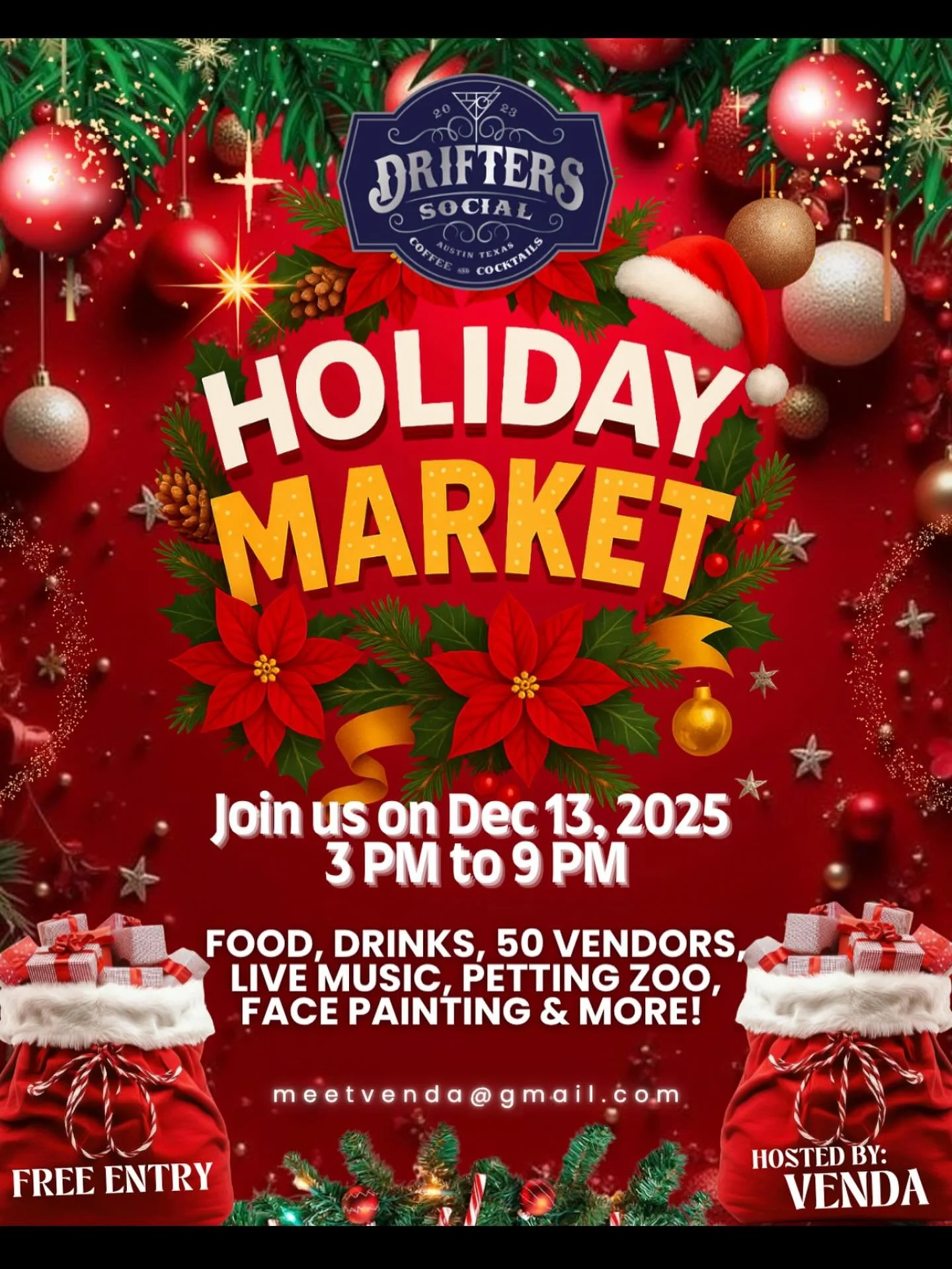 This Saturday at Drifters Social over 50 vendors between 3 PM and 9 PM. Live music all day long come enjoy the beautiful days of December here in Texas while looking at over 50 vendors for potential gifts for your loved ones.